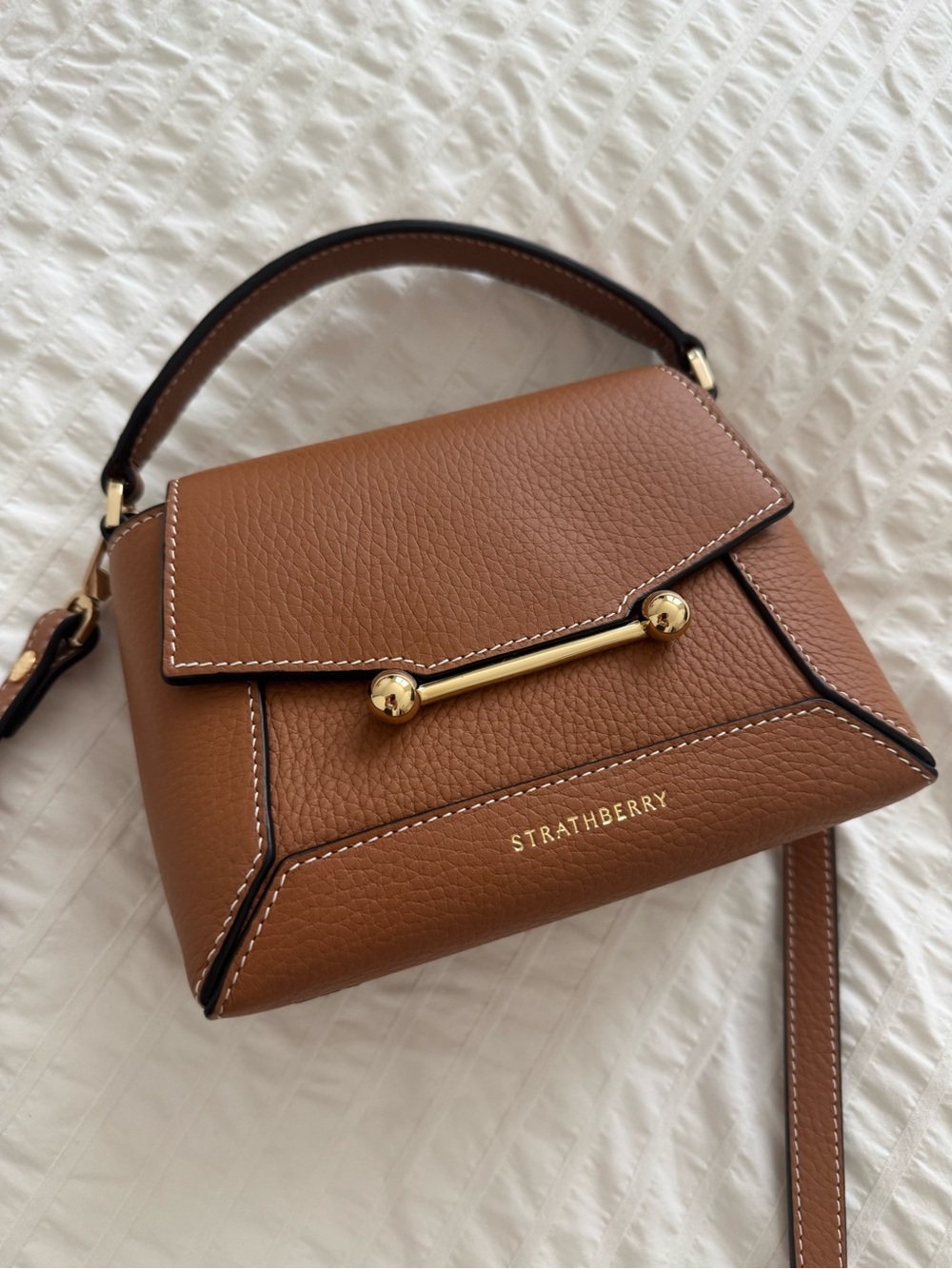 Strathberry Tan Leather Top-Handle Crossbody Bag Nano Mosaic like new - Picture 13 of 15